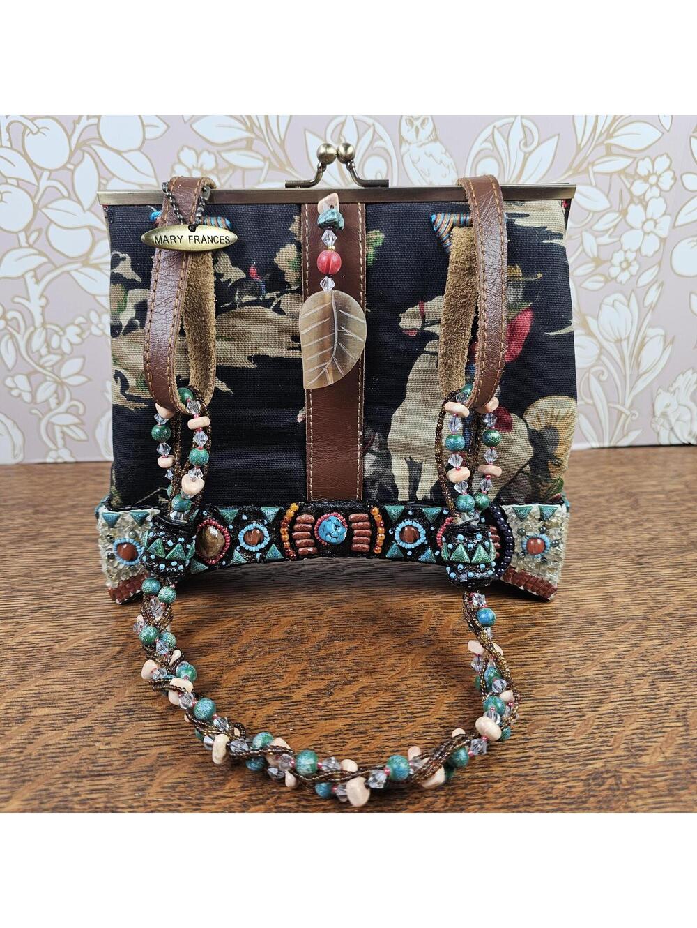 Mary Frances Western Rodeo Beaded Handbag: Leather Trim, Kiss-Lock Closure